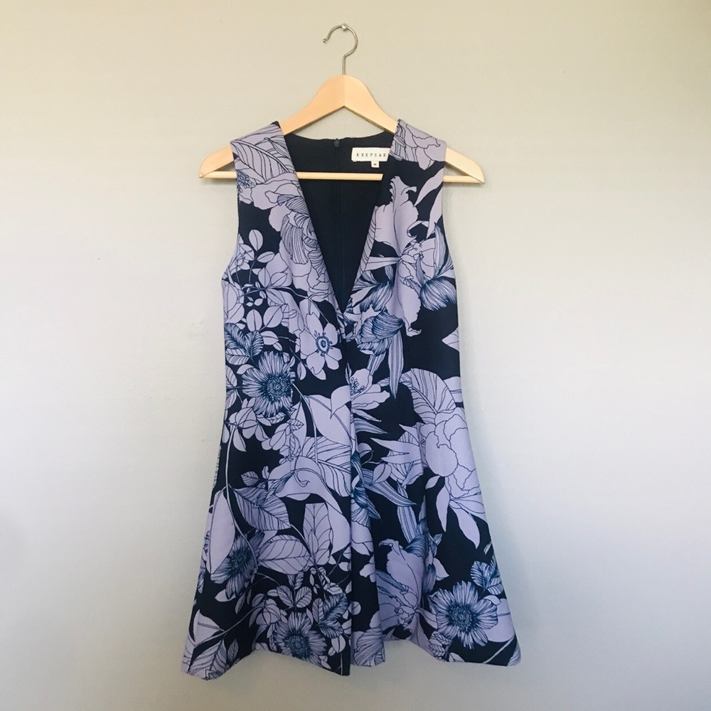 Keepsake Blue Floral V-Neck Mini Dress Medium